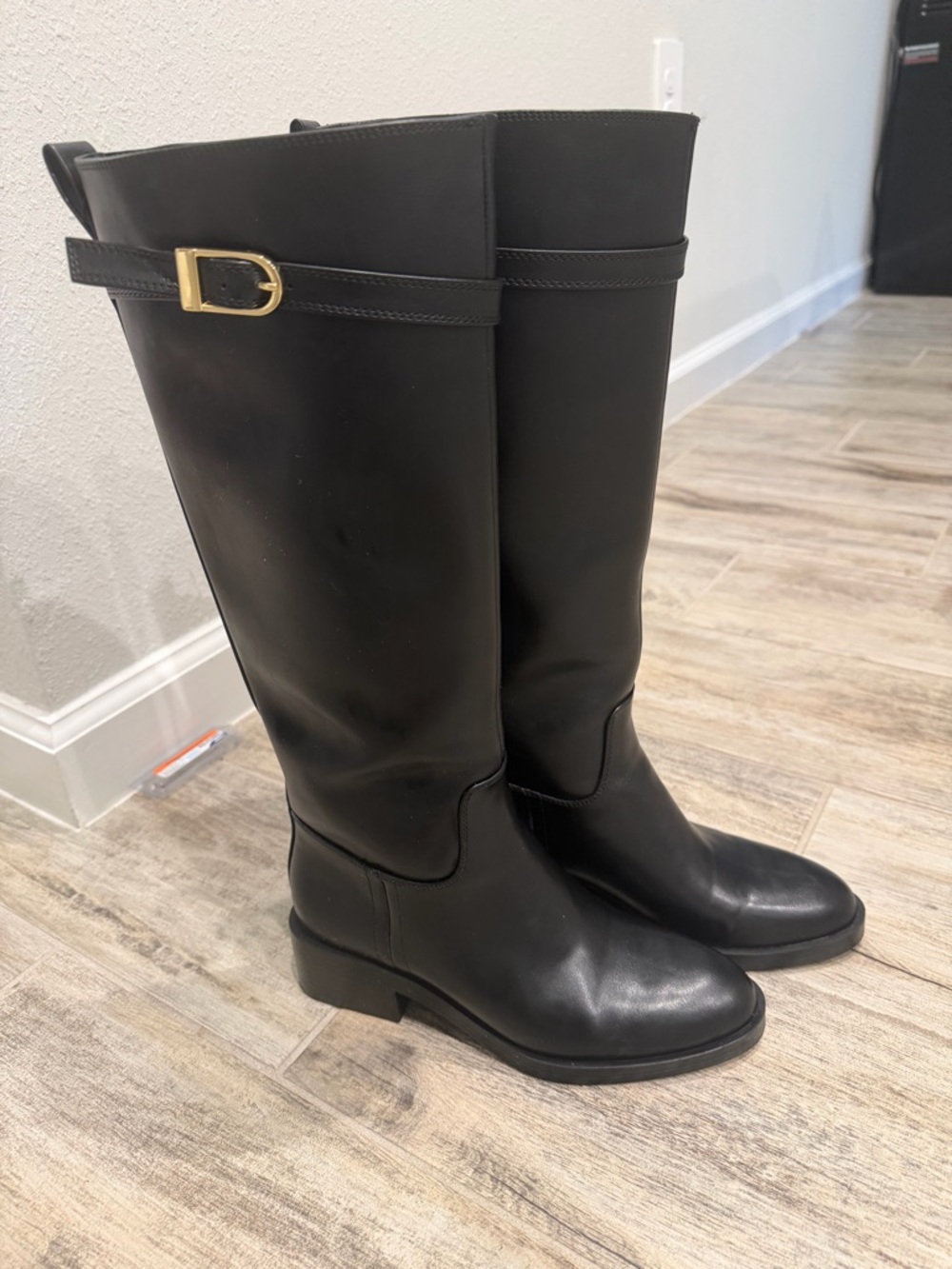Zara Black Knee-High Riding Boots with Gold Buckle